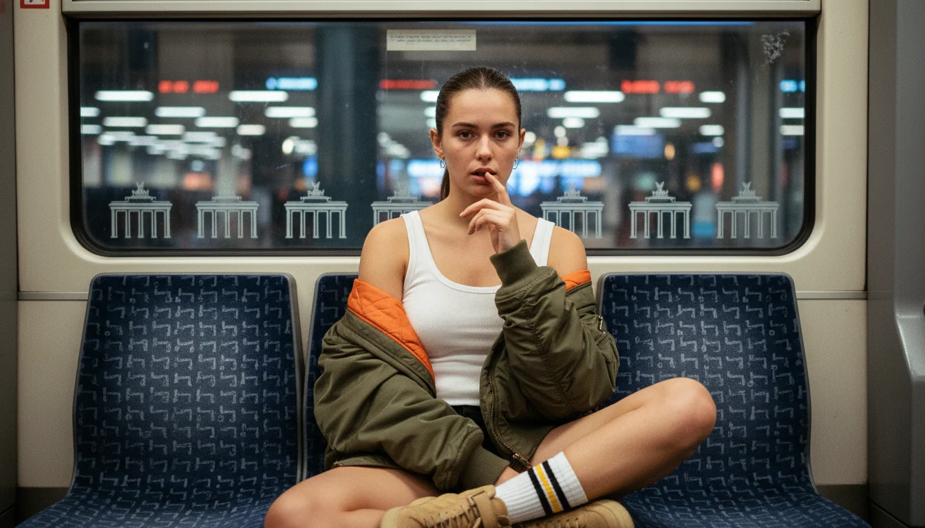 Young woman sitting casually on a subway seat with natural lighting and candid urban snapshot aesthetics.