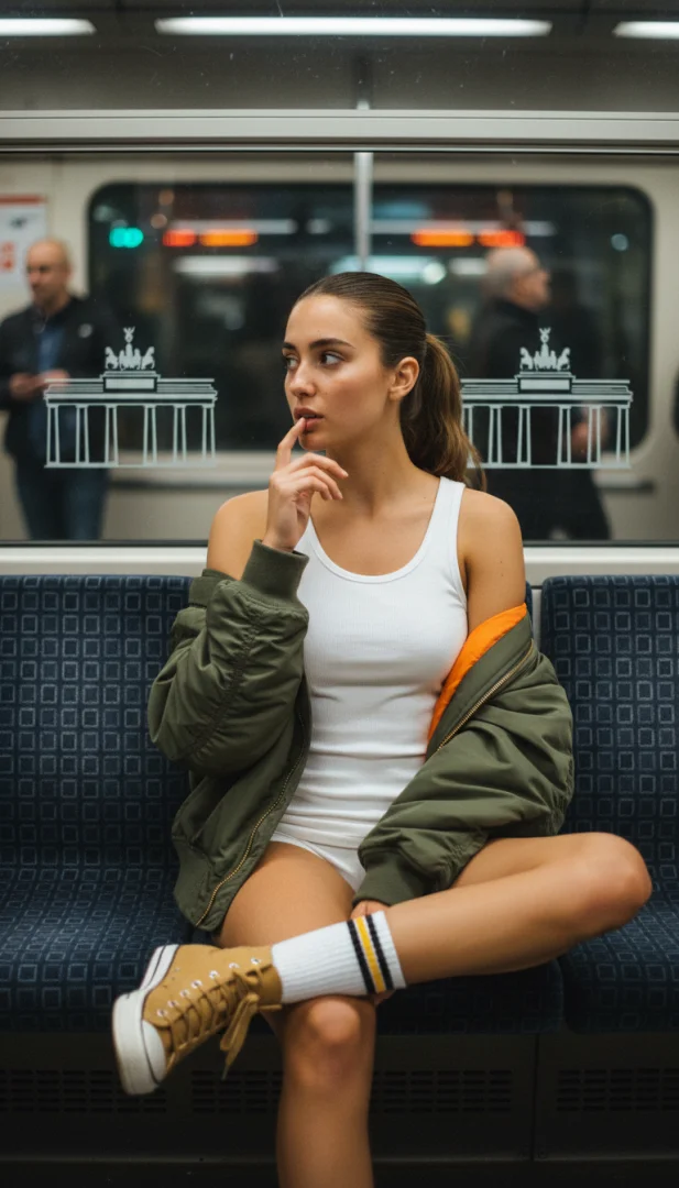 Realistic candid subway scene with a relaxed pose, raw camera noise, and cinematic street photography atmosphere.
